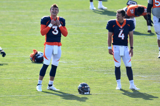 Denver Broncos quarterback Drew Lock (3) and Denver Broncos quarterback Brett Rypien (4) during training camp at the UCHealth Training Center.