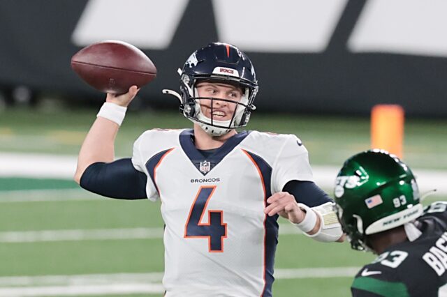 Brett Rypien throws in his first NFL start. Credit: Vincent Carchietta, USA TODAY Sports.