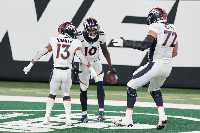 Denver Broncos wide receiver Jerry Jeudy (10) celebrates his touchdown with wide receiver K.J. Hamler (13) and offensive tackle Garett Bolles (72) during the first half against the New York Jets at MetLife Stadium.Denver Broncos wide receiver Jerry Jeudy (10) celebrates his touchdown with wide receiver K.J. Hamler (13) and offensive tackle Garett Bolles (72) during the first half against the New York Jets at MetLife Stadium.