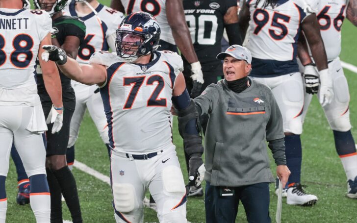 Garett Bolles is held back by Vic Fangio at the end of Broncos - Jets. Credit: Vincent Carchietta, USA TODAY Sports.