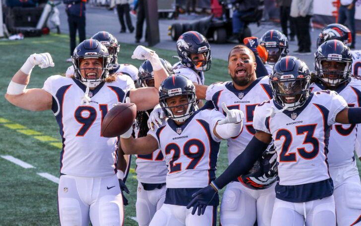 Broncos defense celebrates a turnover against New England. Credit: Paul Rutherford, USA TODAY Sports.