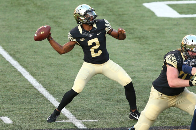 Wake Forest Demon Deacons quarterback Kendall Hinton (2) passes the ball in the fourth quarter against the Rice Owls at BB&T Field.
