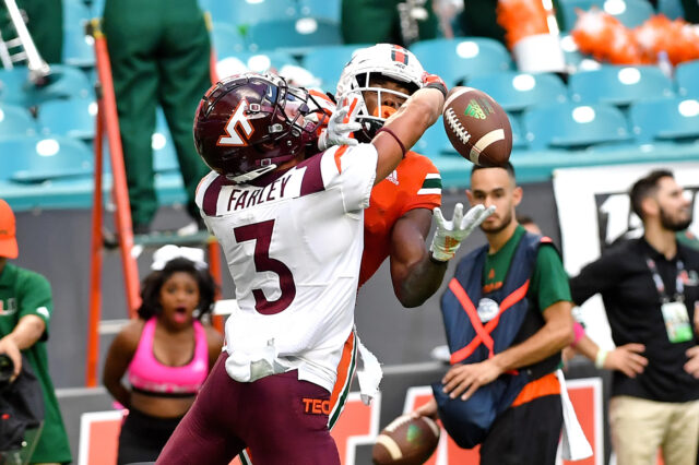 Miami Hurricanes wide receiver K.J. Osborn (2) is unable to make a catch as Virginia Tech Hokies defensive back Caleb Farley (3) defends the play during the second half at Hard Rock Stadium.