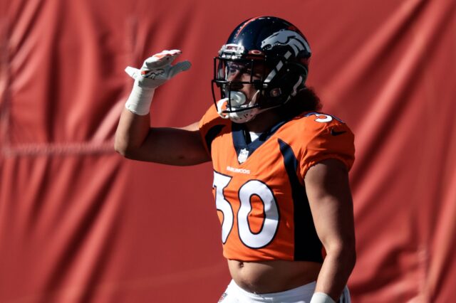 Phillip Lindsay "Mile High Salutes" his touchdown run on Sunday. Credit: Isaiah J. Downing, USA TODAY Sports.