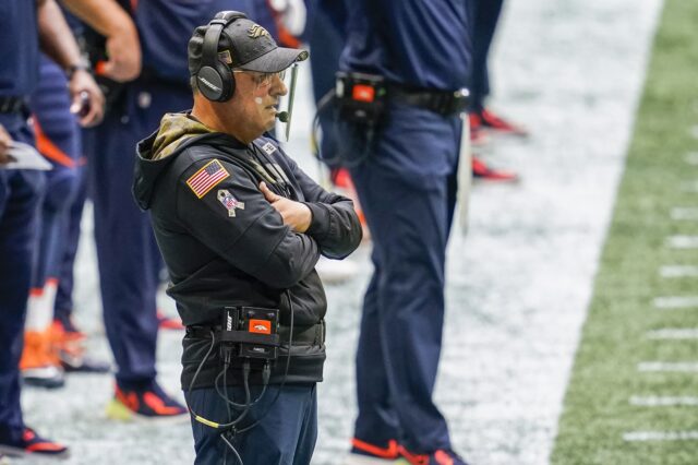 Denver Broncos head coach Vic Fangio on the sideline against the Atlanta Falcons during the first half at Mercedes-Benz Stadium.