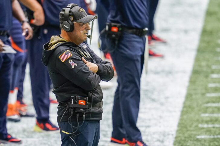Denver Broncos head coach Vic Fangio on the sideline against the Atlanta Falcons during the first half at Mercedes-Benz Stadium.