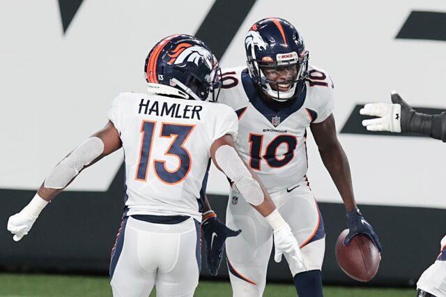 Jeudy and Hamler celebrate a Broncos touchdown. Credit: Vincent Carchietta, USA TODAY Sports.