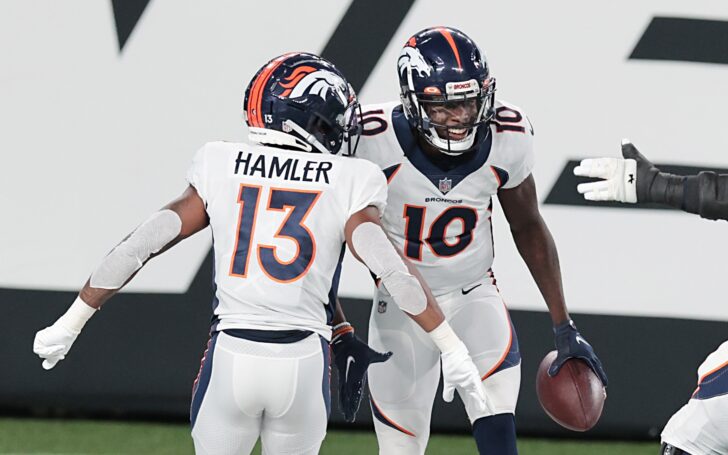 Jeudy and Hamler celebrate a Broncos touchdown. Credit: Vincent Carchietta, USA TODAY Sports.