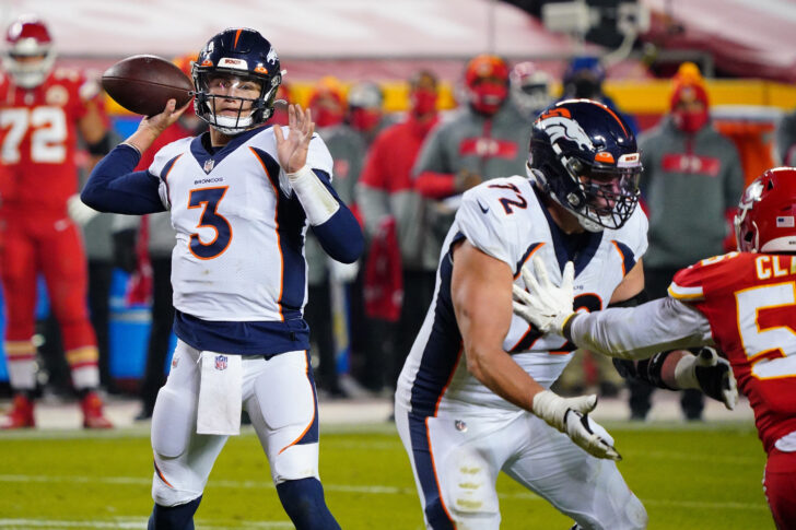 Denver Broncos quarterback Drew Lock (3) throws a pass during the second half against the Kansas City Chiefs at Arrowhead Stadium.