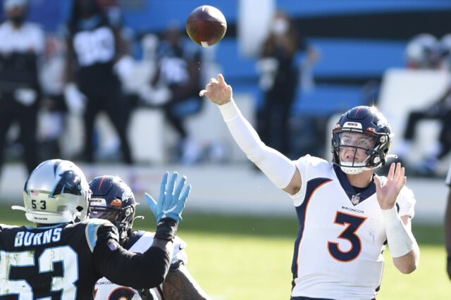 Drew Lock throws against the Panthers, his best game as a pro. Credit: Bob Donnan, USA TODAY Sports.