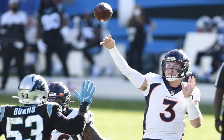 Drew Lock throws against the Panthers, his best game as a pro. Credit: Bob Donnan, USA TODAY Sports.