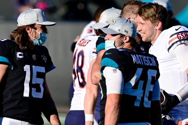 Gardner Minshew (left) and Nick Foles (right) are two possible QBs the Broncos could bring in this offseason to compete with Lock. Credit: Douglas DeFelice, USA TODAY Sports.