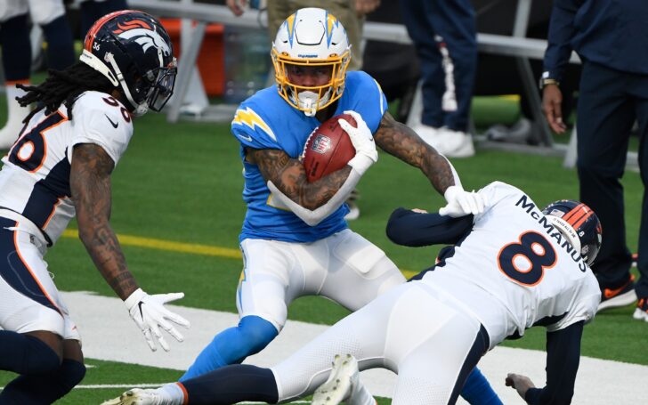 Brandon McManus tries to make a tackle on the opening kickoff which went for 53 yards for the Chargers. Credit: Robert Hanashiro, USA TODAY Sports.