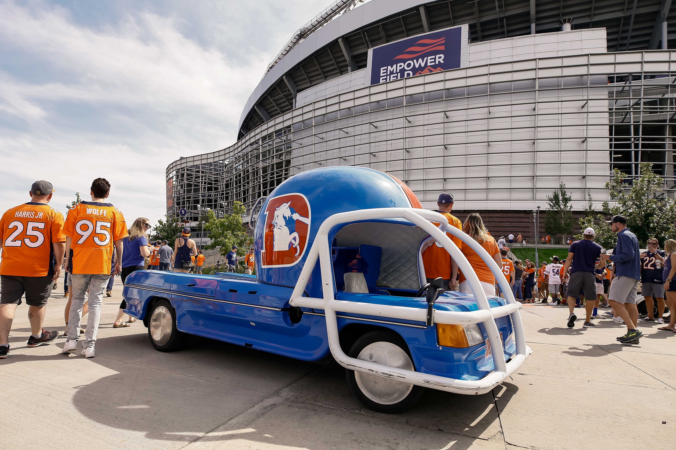 A Denver Broncos helmet vehicle before thew game against the Chicago Bears at Empower Field at Mile High.
