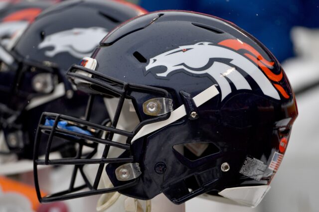 A general view of a Denver Broncos helmet during the game against the Kansas City Chiefs at Arrowhead Stadium.