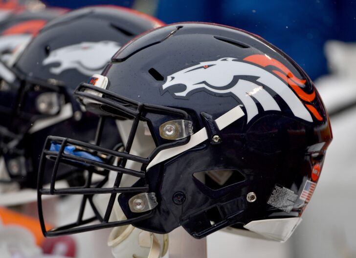 A general view of a Denver Broncos helmet during the game against the Kansas City Chiefs at Arrowhead Stadium.