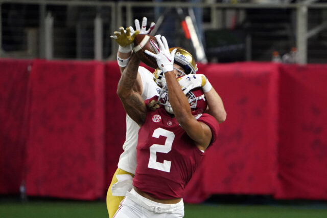 Alabama Crimson Tide defensive back Patrick Surtain II (2) breaks up a pass intended for Notre Dame Fighting Irish wide receiver Ben Skowronek (11) in the fourth quarter during the Rose Bowl at AT&T Stadium.