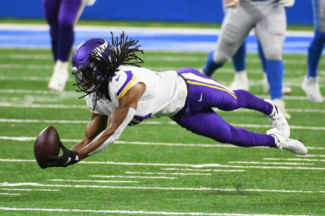 Minnesota Vikings free safety Anthony Harris (41) is unable to make an interception against the Detroit Lions during the first quarter at Ford Field.