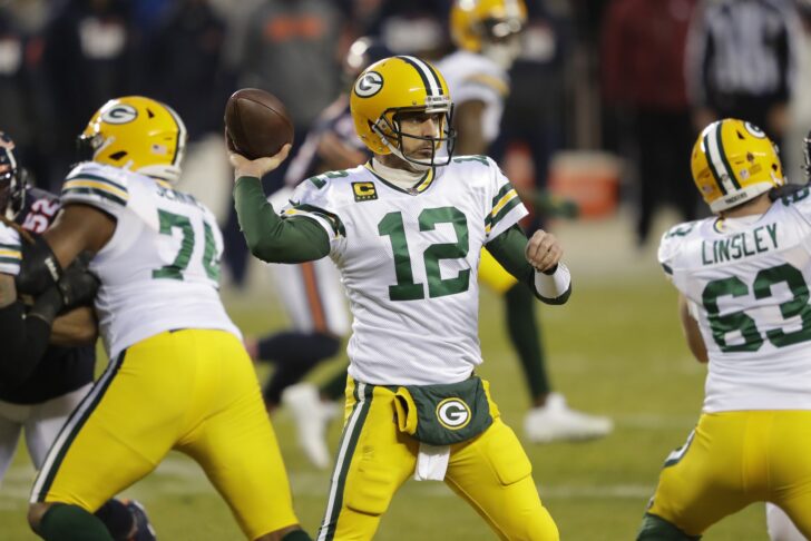 Green Bay Packers quarterback Aaron Rodgers (12) passes against the Chicago Bears during their football game Sunday, January 3, 2021, at Soldier Field in Chicago, Ill.