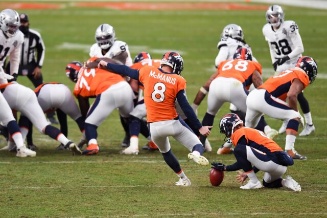 Denver Broncos kicker Brandon McManus (8) attempts a field goal against the Las Vegas Raiders during the second quarter at Empower Field at Mile High.