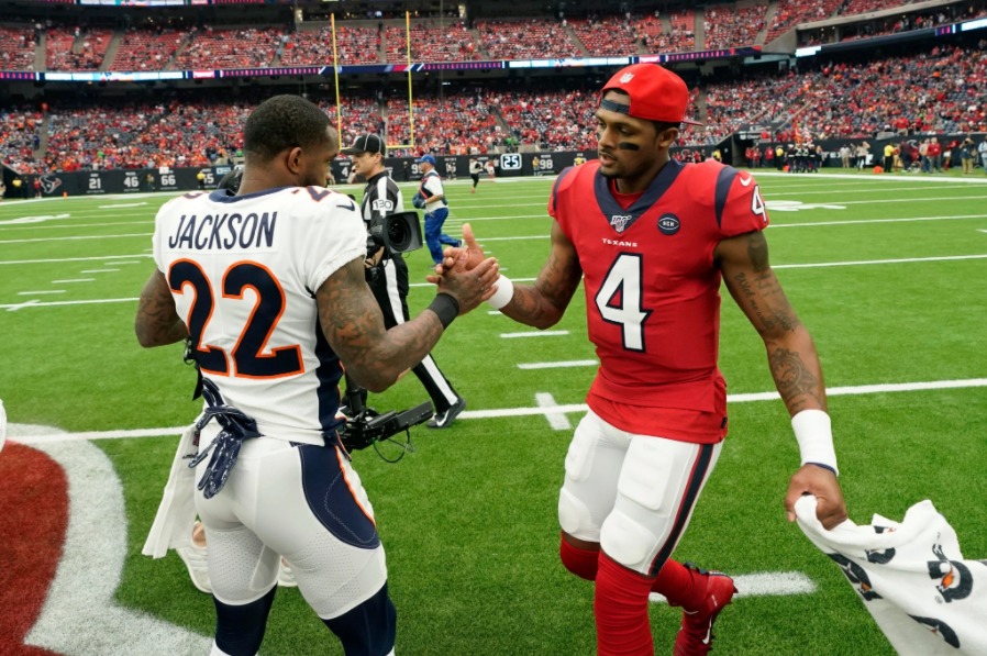 Kareem Jackson and Deshaun Watson postgame in 2019. Credit: USA TODAY Sports.