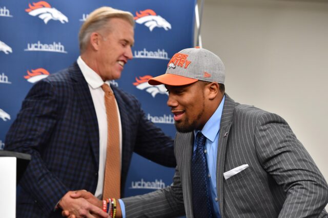 John Elway and Bradley Chubb -- one of the best picks the last four years -- in 2018. Credit: Ron Chenoy, USA TODAY Sports.