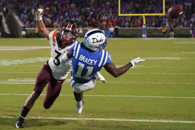 Virginia Tech Hokies defensive back Caleb Farley (3) breaks up the pass attempt away from Duke Blue Devils wide receiver Scott Bracey (11) during the first half at Wallace Wade Stadium