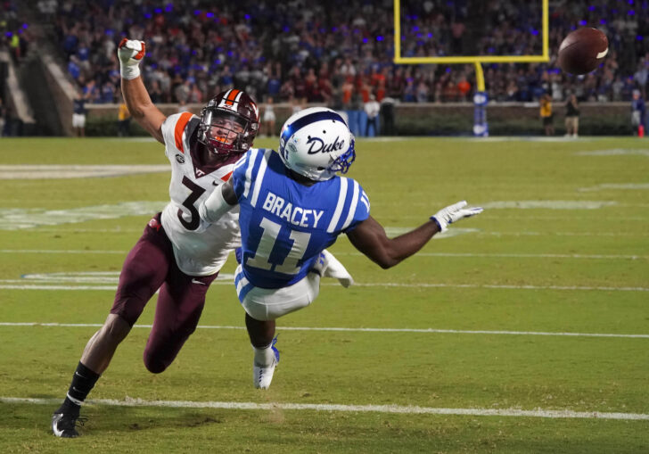 Virginia Tech Hokies defensive back Caleb Farley (3) breaks up the pass attempt away from Duke Blue Devils wide receiver Scott Bracey (11) during the first half at Wallace Wade Stadium
