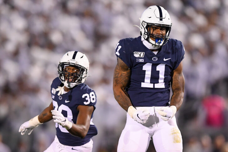 Penn State Nittany Lions linebacker Micah Parsons (11) reacts to a defensive play as teammate safety Lamont Wade (38) looks on against the Michigan Wolverines during the second quarter at Beaver Stadium.