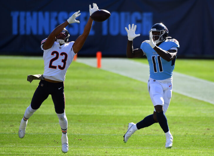 Chicago Bears cornerback Kyle Fuller (23) breaks up a pass intended for Tennessee Titans wide receiver A.J. Brown (11) during the first half at Nissan Stadium.