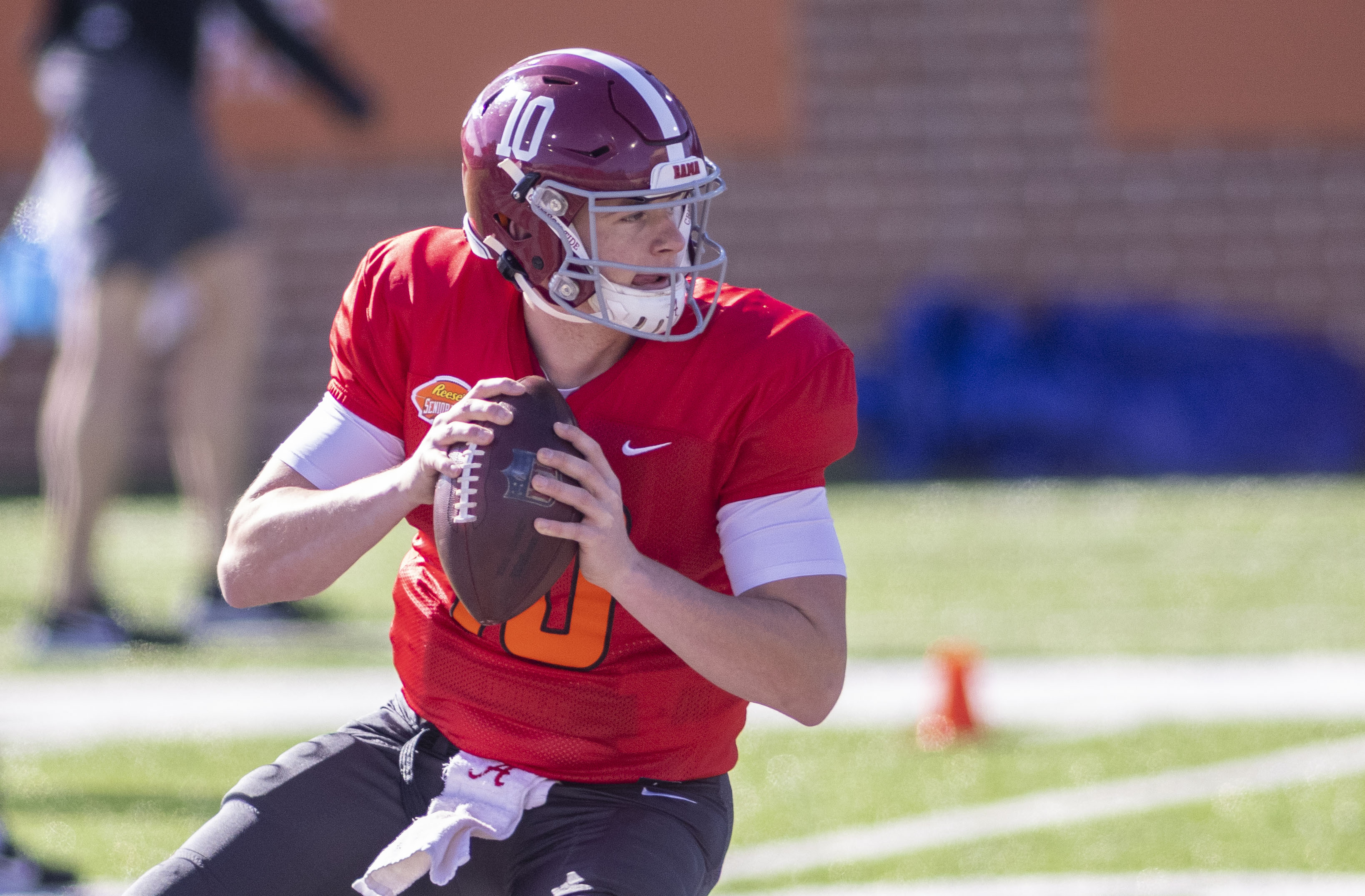 American quarterback Mac Jones of Alabama (10) drills during American practice at Hancock Whitney Stadium.