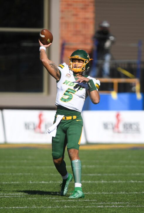 NDSU quarterback Trey Lance (5) prepares to make a pass in the Dakota Marker game against the Jacks on Saturday, Oct. 26, 2019 at Dana J. Dykhouse Stadium in Brookings, S.D.