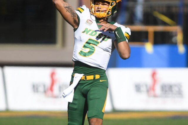NDSU quarterback Trey Lance (5) prepares to make a pass in the Dakota Marker game against the Jacks on Saturday, Oct. 26, 2019 at Dana J. Dykhouse Stadium in Brookings, S.D.