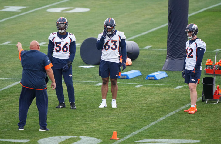 Denver Broncos linebacker Baron Browning (56) and inside linebacker Curtis Robinson( 63) and inside linebacker David Curry (62) listen to linebackers coach Reggie Herring during rookie minicamp at the UCHealth Training Center.