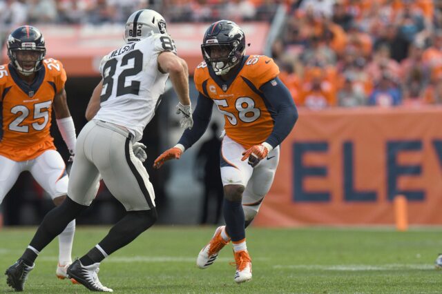 Denver Broncos linebacker Von Miller (58) pass rushes at Oakland Raiders wide receiver Jordy Nelson (82) in the third quarter at Broncos Stadium at Mile High.