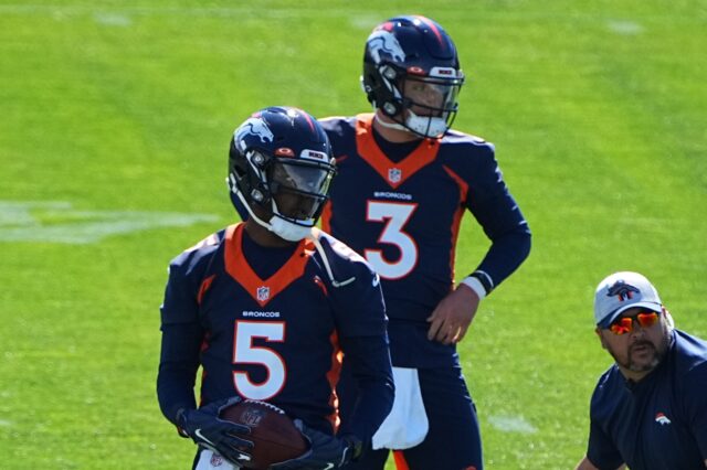 Drew Lock and Teddy Bridgewater at Broncos OTAs. Credit: Ron Chenoy, USA TODAY Sports.