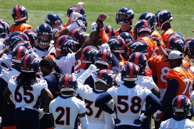 Broncos team in OTAs in June. Credit: Ron Chenoy, USA TODAY Sports.