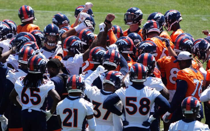 Broncos team in OTAs in June. Credit: Ron Chenoy, USA TODAY Sports.