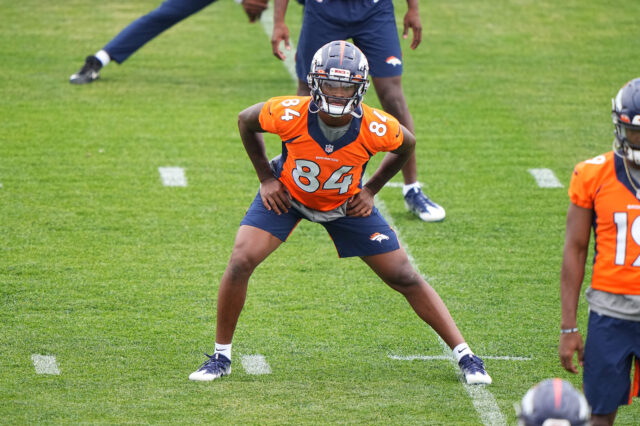 Denver Broncos wide receiver DeVontres Dukes (84) during rookie minicamp at the UCHealth Training Center.