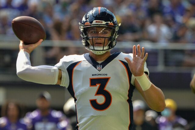 Drew Lock in the Broncos win over the Vikings on Saturday. Credit: Jeffrey Becker, USA TODAY Sports.