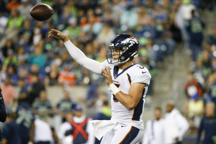 Denver Broncos quarterback Drew Lock (3) passes against the Seattle Seahawks during the second quarter at Lumen Field.