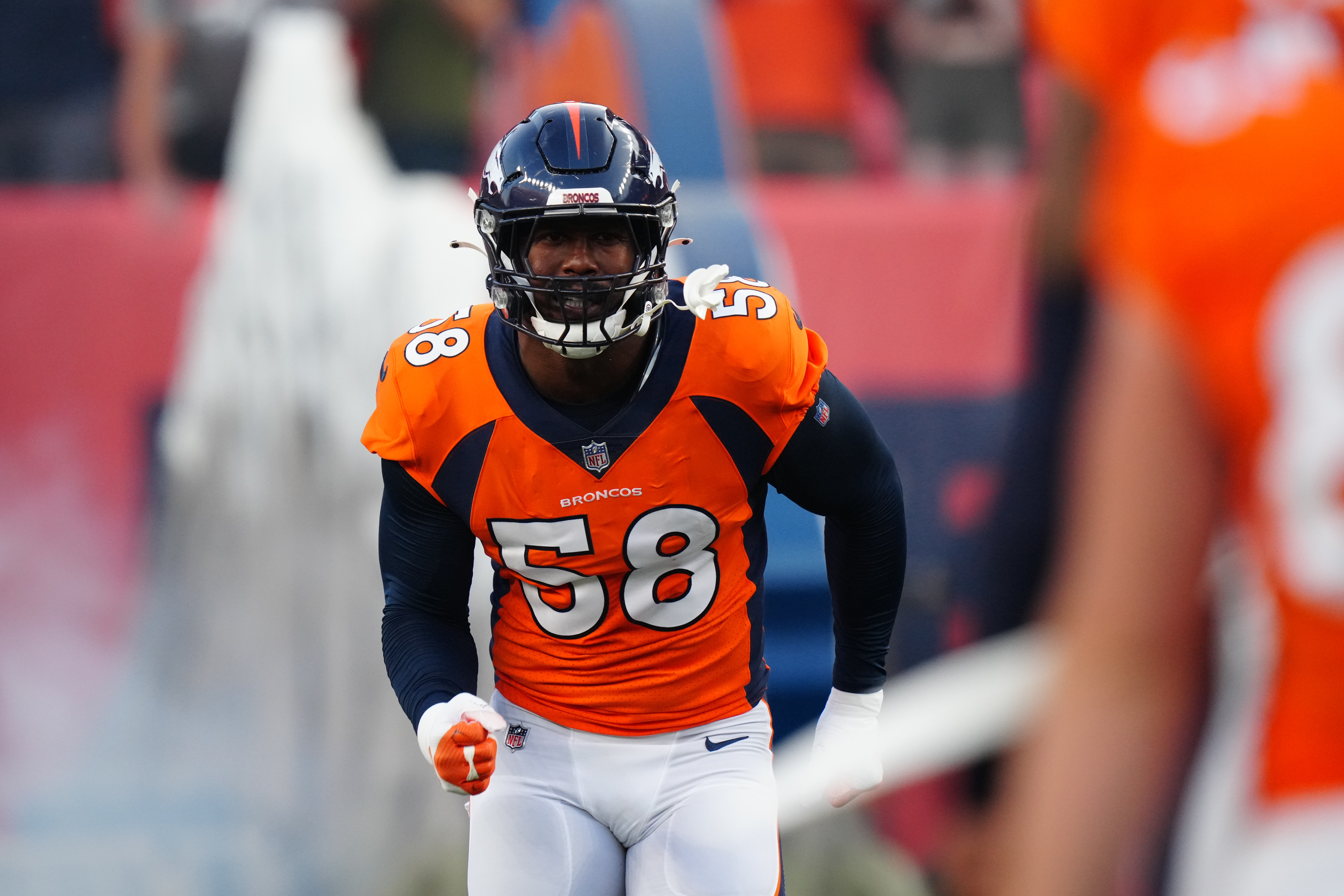 Denver Broncos outside linebacker Von Miller (58) before the start a preseason game against the Los Angeles Rams at Empower Field at Mile High.