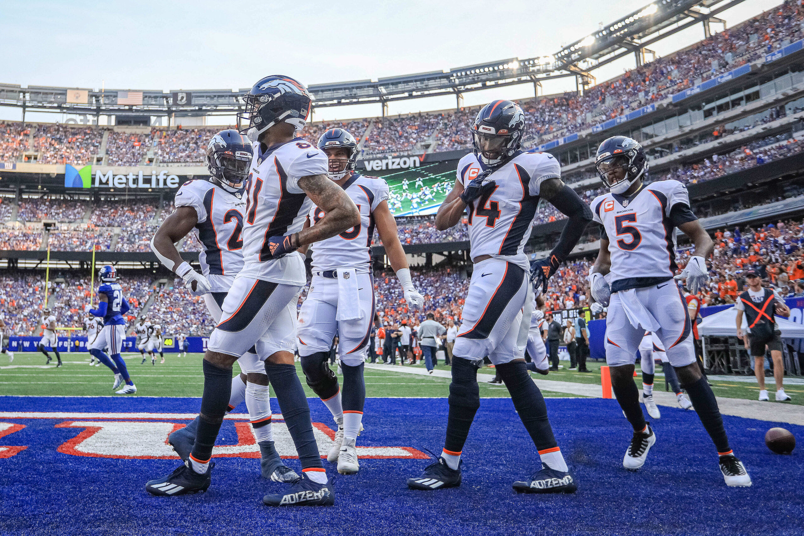 Denver Broncos wide receiver Tim Patrick (81) celebrates a