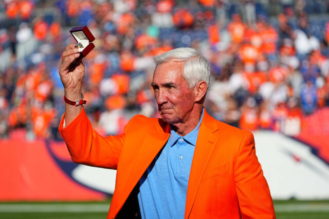 Former Denver Broncos head coach and Ring of Fame induction of Mike Shanahan during the game against the Las Vegas Raiders at Empower Field at Mile High.