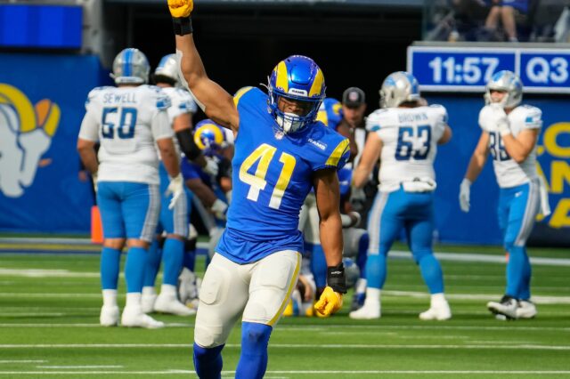 Los Angeles Rams inside linebacker Kenny Young (41) celebrates a third quarter sack of Detroit Lions quarterback Jared Goff (background) in the third quarter at SoFi Stadium.