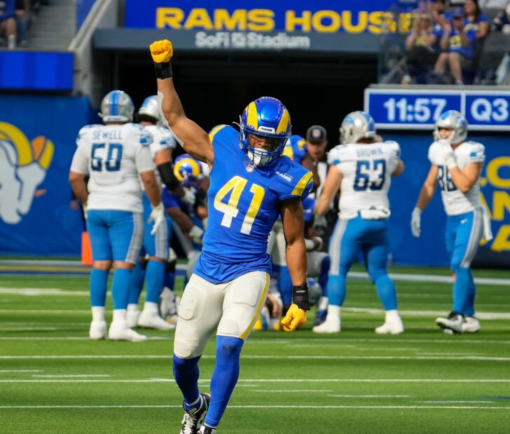 Los Angeles Rams inside linebacker Kenny Young (41) celebrates a third quarter sack of Detroit Lions quarterback Jared Goff (background) in the third quarter at SoFi Stadium.