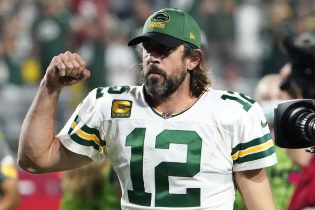 Aaron Rodgers celebrates. Credit: Rob Schumacher, USA TODAY Sports.