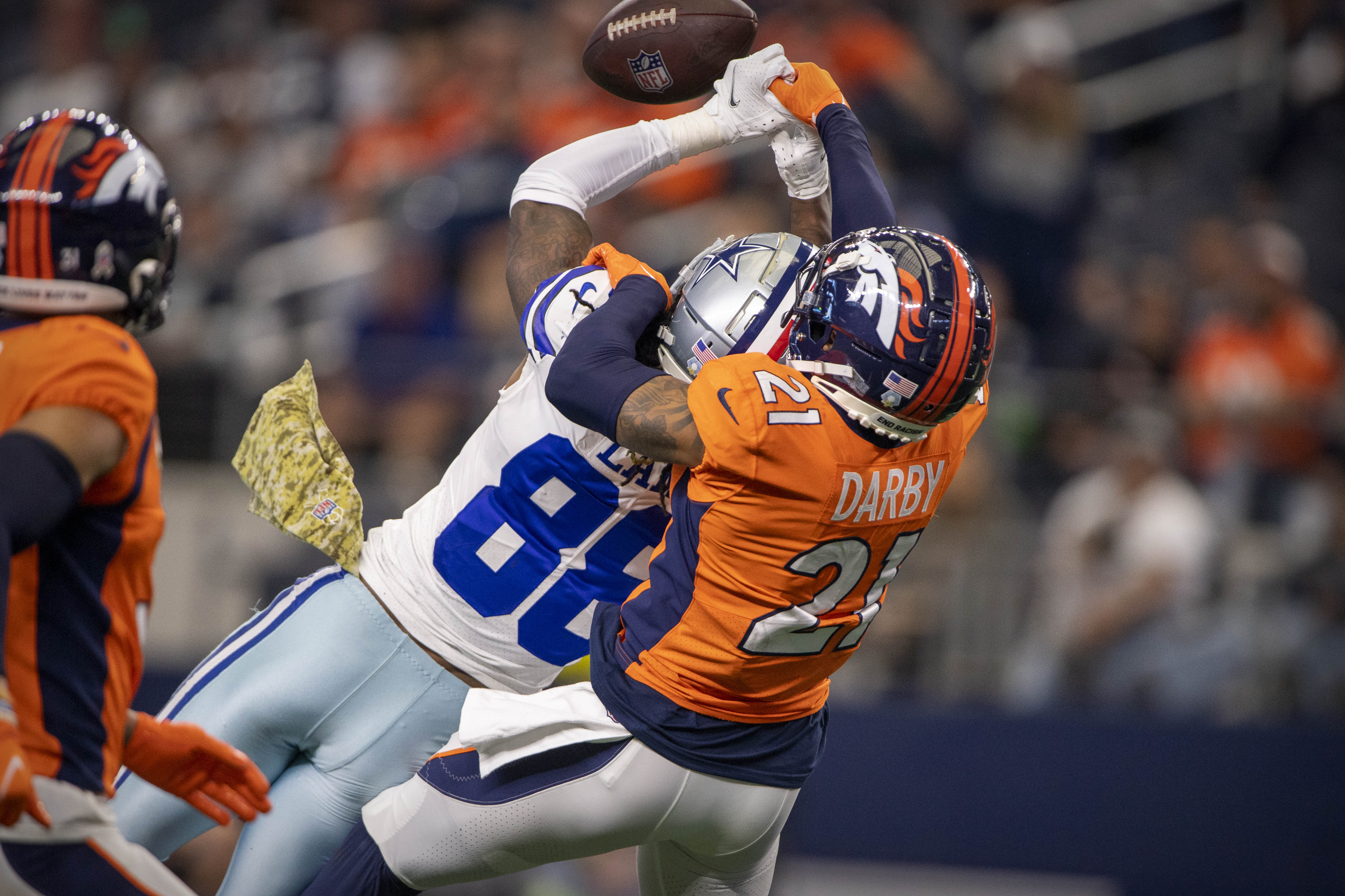 Denver Broncos cornerback Ronald Darby (21) breaks up a pass intended for Dallas Cowboys wide receiver CeeDee Lamb (88) during the second half at AT&T Stadium...Strong Position Groups