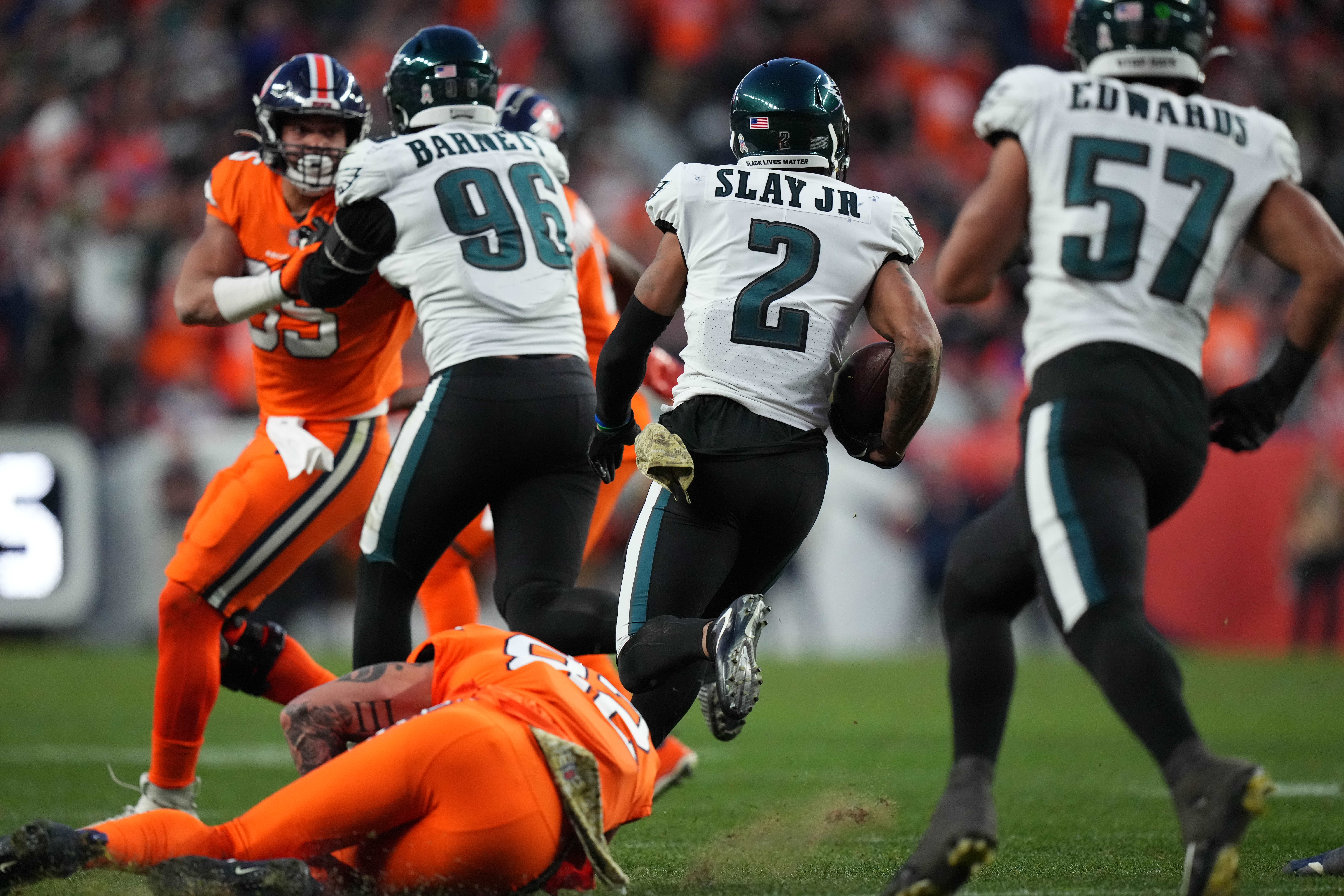 Philadelphia Eagles cornerback Darius Slay (2) returns a fumble recovery for eighty two yards the third quarter against the Denver Broncos at Empower Field at Mile High.