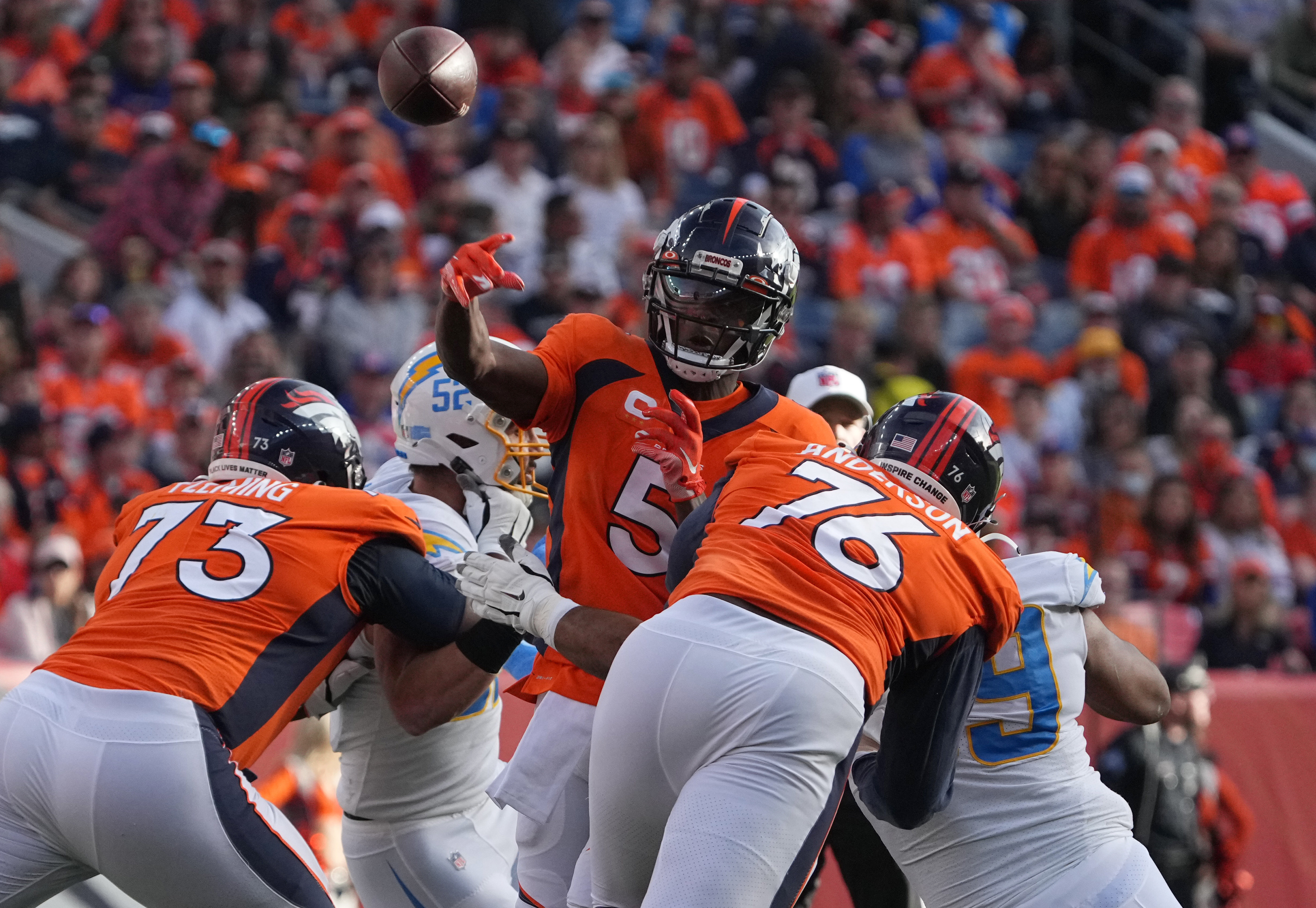 NFL: Los Angeles Chargers at Denver Broncos Teddy Bridgewater throws under duress. Credit: Ron Chenoy, USA TODAY Sports.